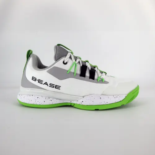 Chaussures B.EASE Suspended Low blanc/vert, profil latéral avec détails techniques et bandes de maintien apparentes