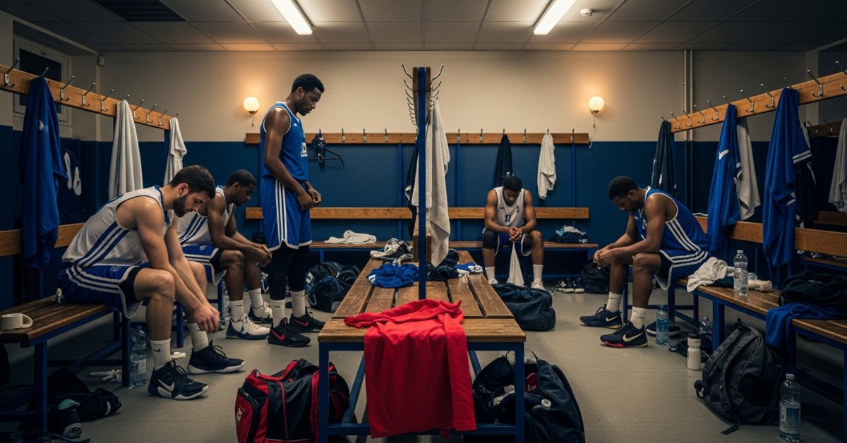 Équipe amateur de basket français dans le vestiaire avant match, préparation collective