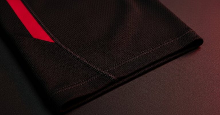 Gros plan sur le tissu technique d'un short de compression basket noir avec accent rouge