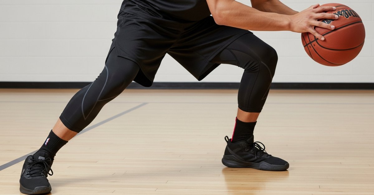 Comment Choisir son Short de Compression pour le Basketball 3 Close-up sur les jambes d'un basketteur amateur en position défensive, short de compression moulant