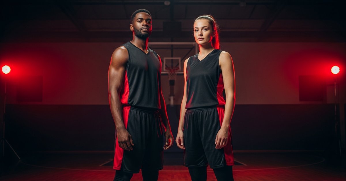 Comment Choisir son Short de Compression pour le Basketball 4 Deux coéquipiers d'un club de basket amateur en tenue coordonnée, short de compression noir à liseré rouge