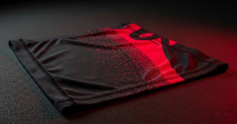 Détail macro de l'impression sublimation rouge sur un short de compression basket noir