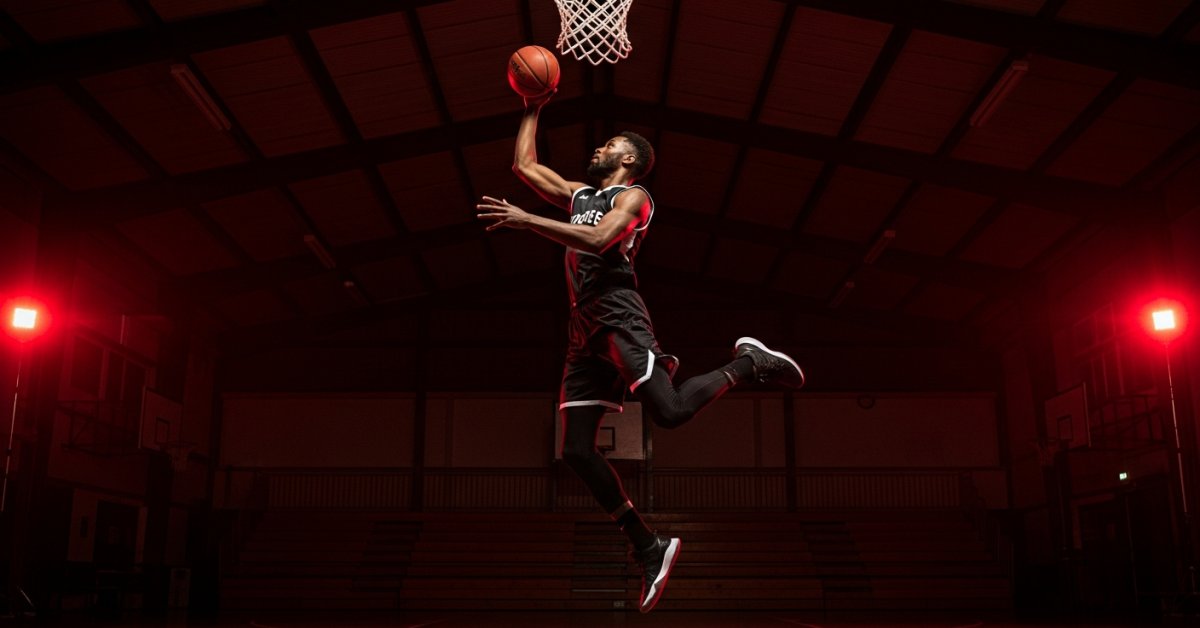 Joueur de basket amateur en layup dans un gymnase, short de compression noir