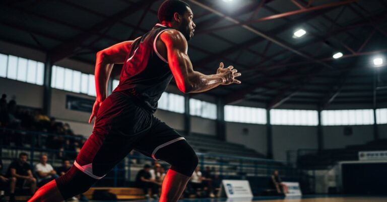 Compression au Basketball : Quels Bénéfices Réels pour Vos Performances ? 1 Joueur de basket amateur en pénétration latérale vers le panier, short de compression